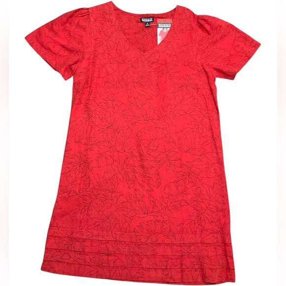 Nicole Miller Ladies Linen Red Dress Pattern Tropical leaf Size Medium NWT - Picture 3 of 10